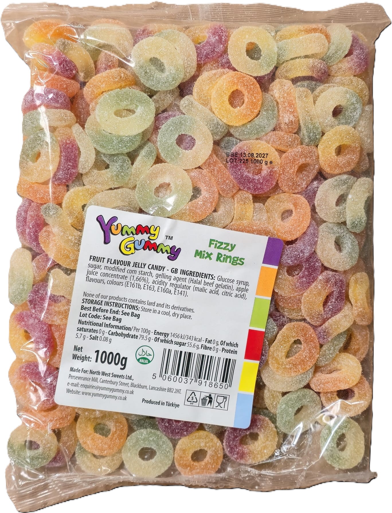 YUMMY GUMMY 1KG BAG  FIZZY MIX RINGS 1p