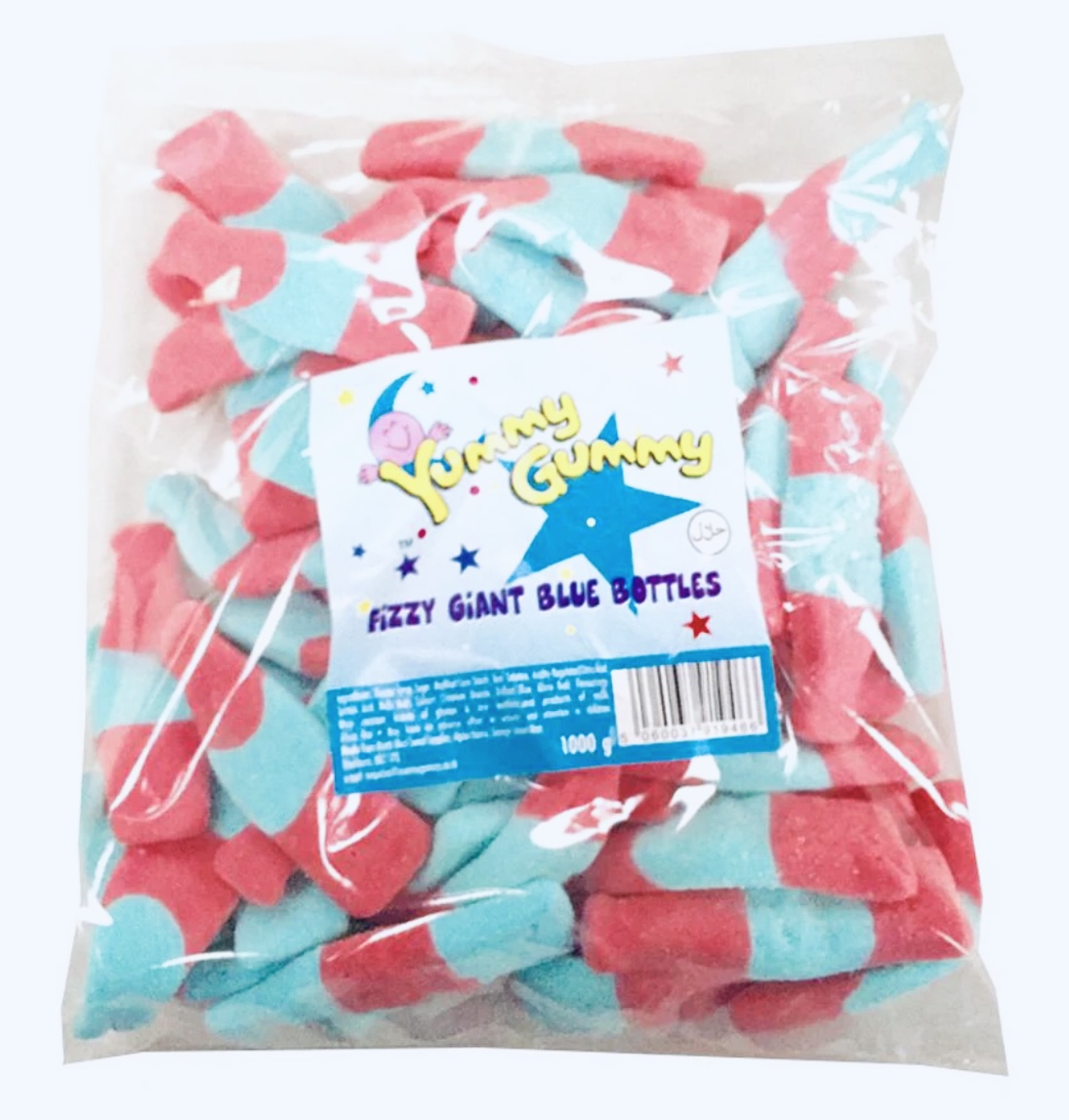 YUMMY GUMMY 1KG BAG FIZZY GIANT BLUE BOTTLES 15P