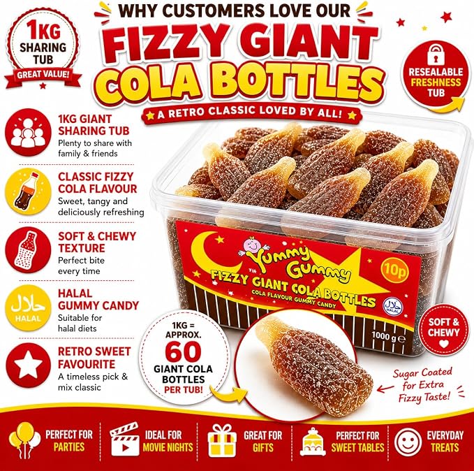 YUMMY GUMMY TUB GIANT FIZZY COLA BOTTLES 1000G 15P