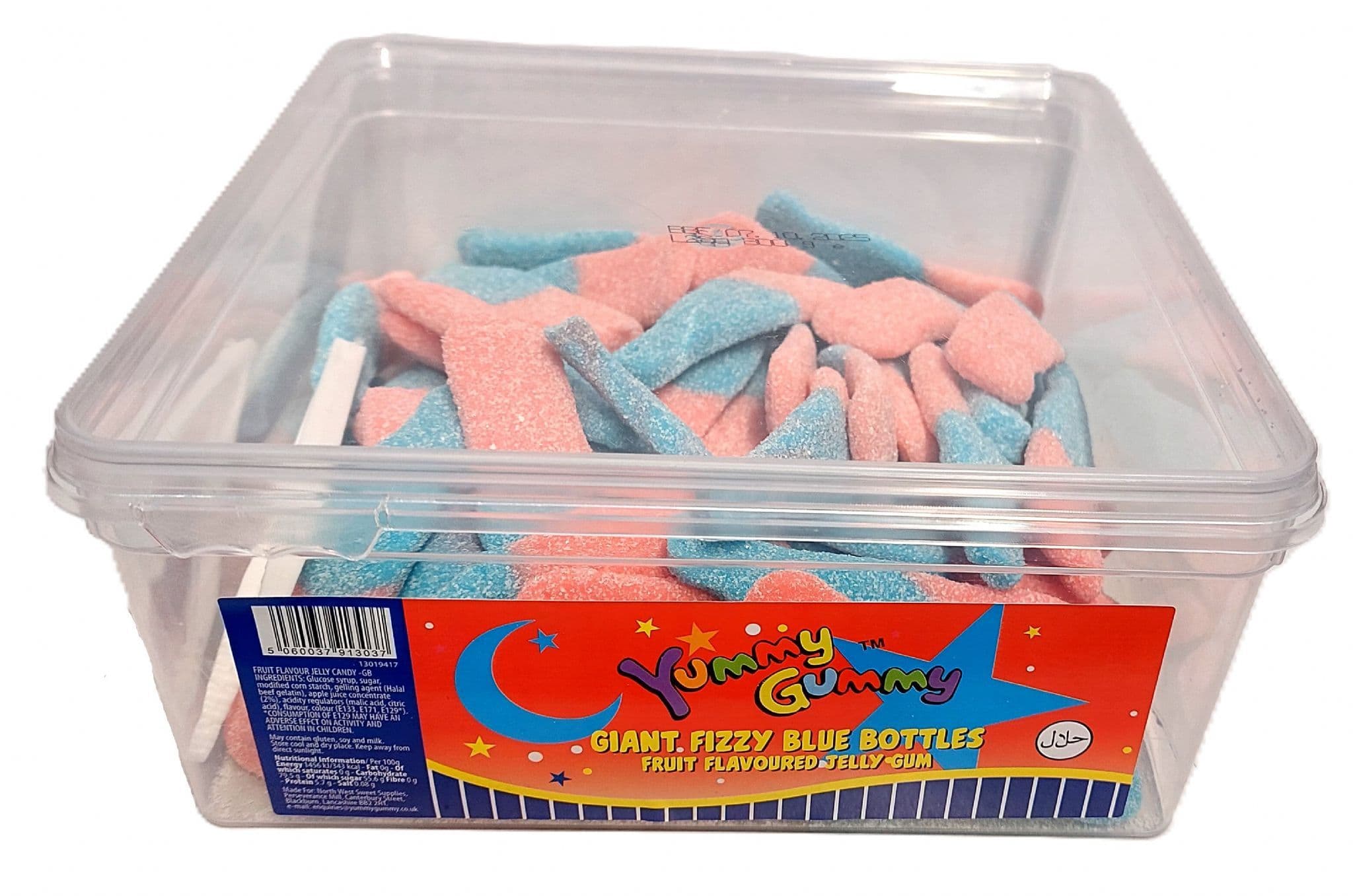 YUMMY GUMMY TUB GIANT FIZZY BLUE BOTTLES 800G 15P