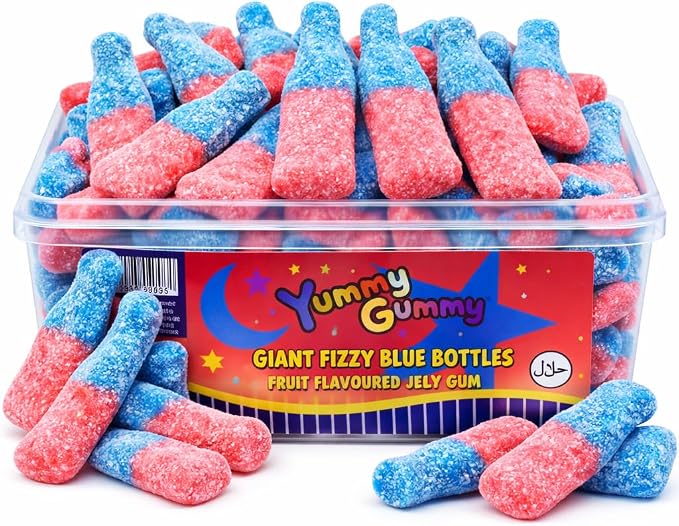 YUMMY GUMMY TUB GIANT FIZZY BLUE BOTTLES 800G 15P