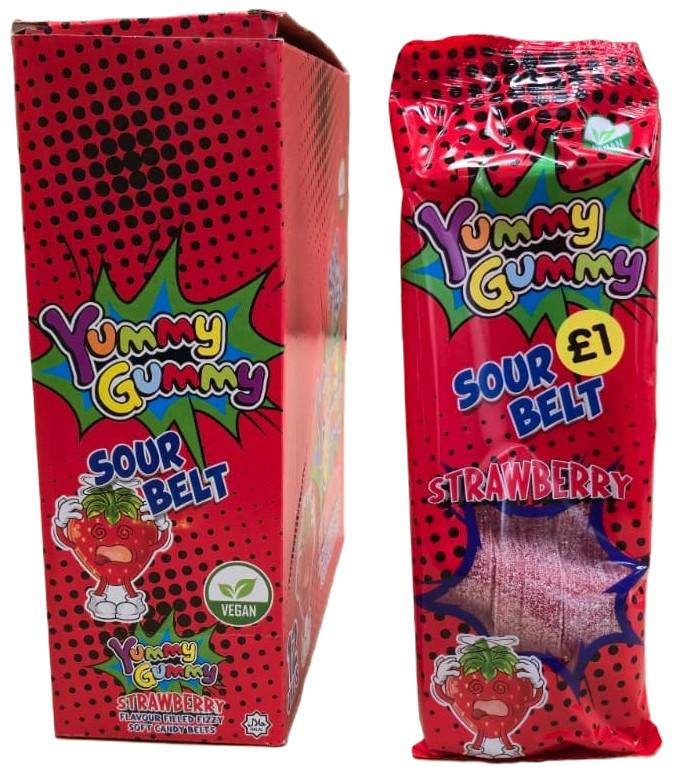 YUMMY GUMMY BAG SOUR BELT STRAWBERRY FIZZY(12x160g)RED BOX