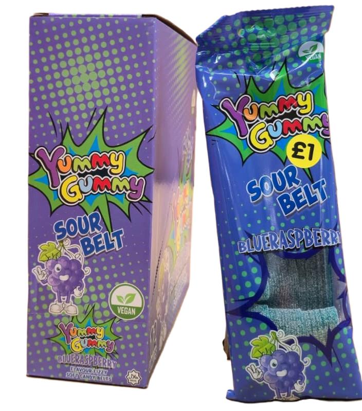YUMMY GUMMY BAG SOUR BELT BLUE RASPBERRY FIZZY(12x160g) PURPLE BOX