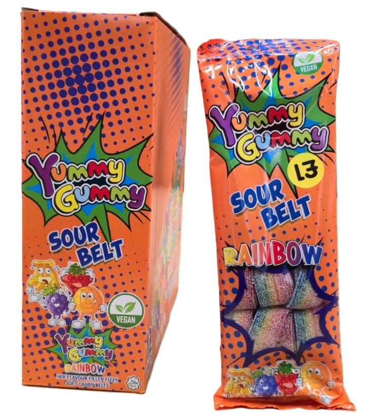 YUMMY GUMMY BAG SOUR BELT RAINBOW FIZZY(12x160g)ORANGE BOX