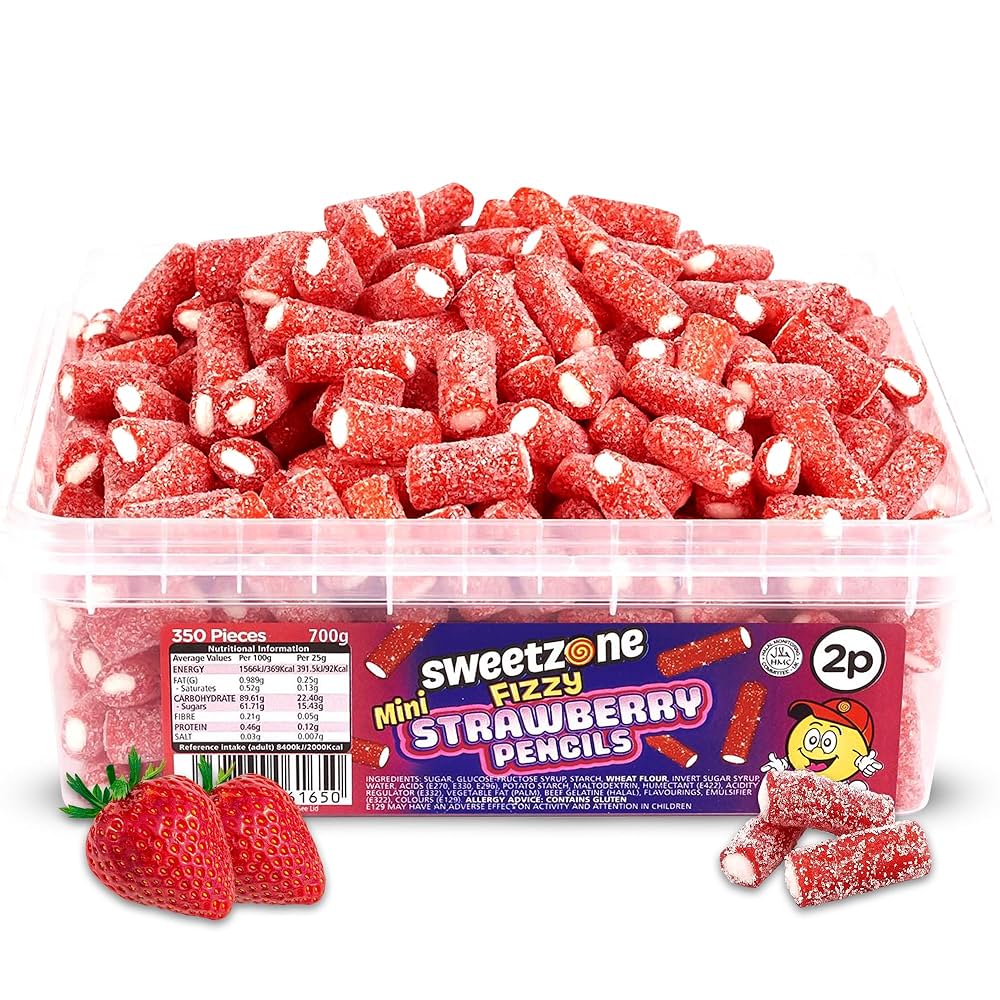 SWEETZONE TUB MINI FIZZY STRAWBERRY PENCILS (350PC x 700g) 2P