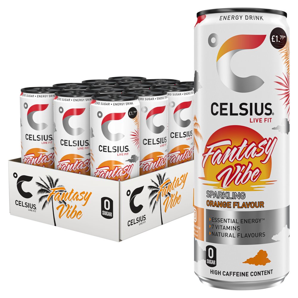 CELSIUS FANTASY VIBE ORANGE (355mlx12) £1.79 NEW