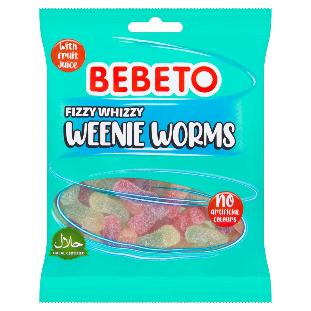 BEBETO BAGS FIZZY WHIZZY WEENIE WORMS (150G X 10)£1 TURQUOIS