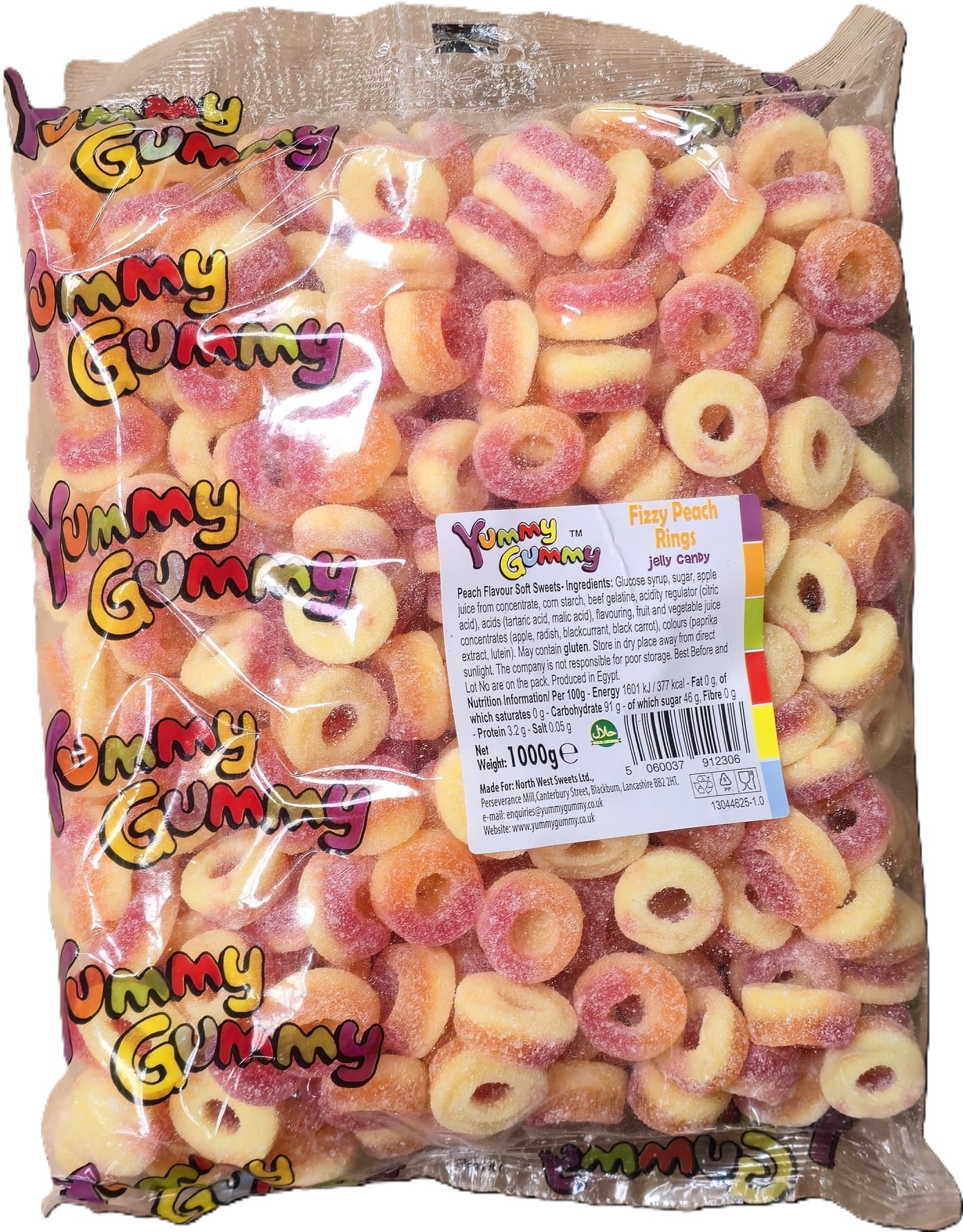 YUMMY GUMMY 1KG BAG FIZZY PEACH RINGS 1000G