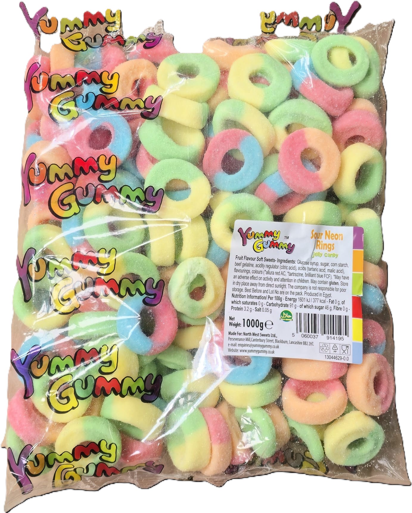 YUMMY GUMMY 1KG BAG SOUR NEON RINGS 1000G