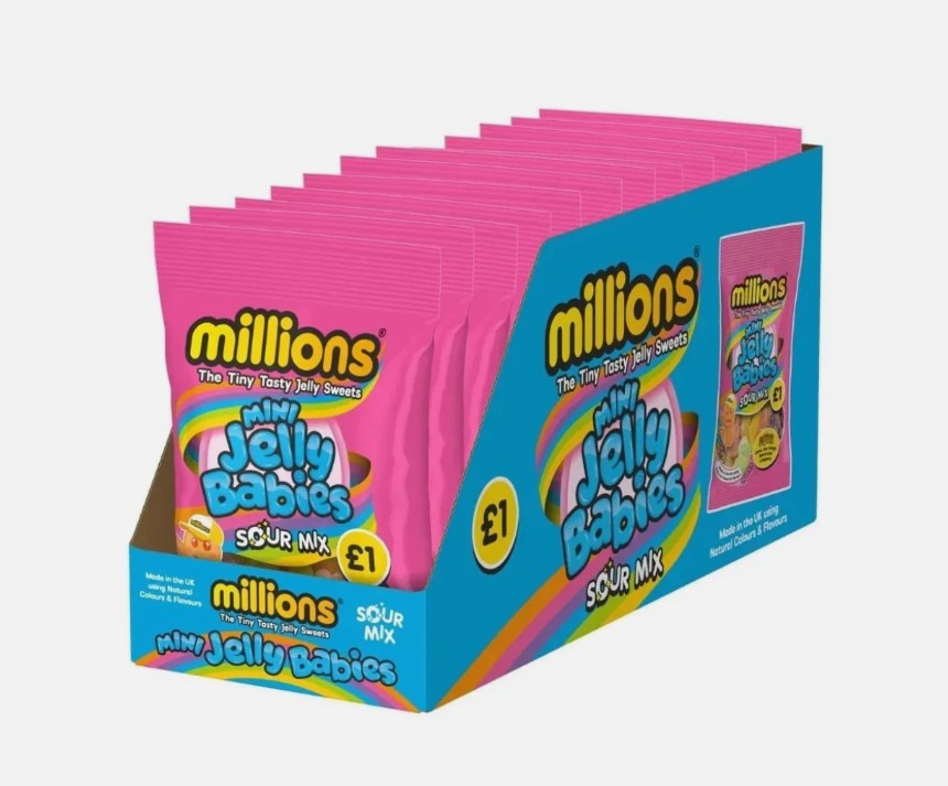 MILLIONS BAGS MINI JELLY BABY SOUR MIX 3669 (12 x 100g) £1 BLUE