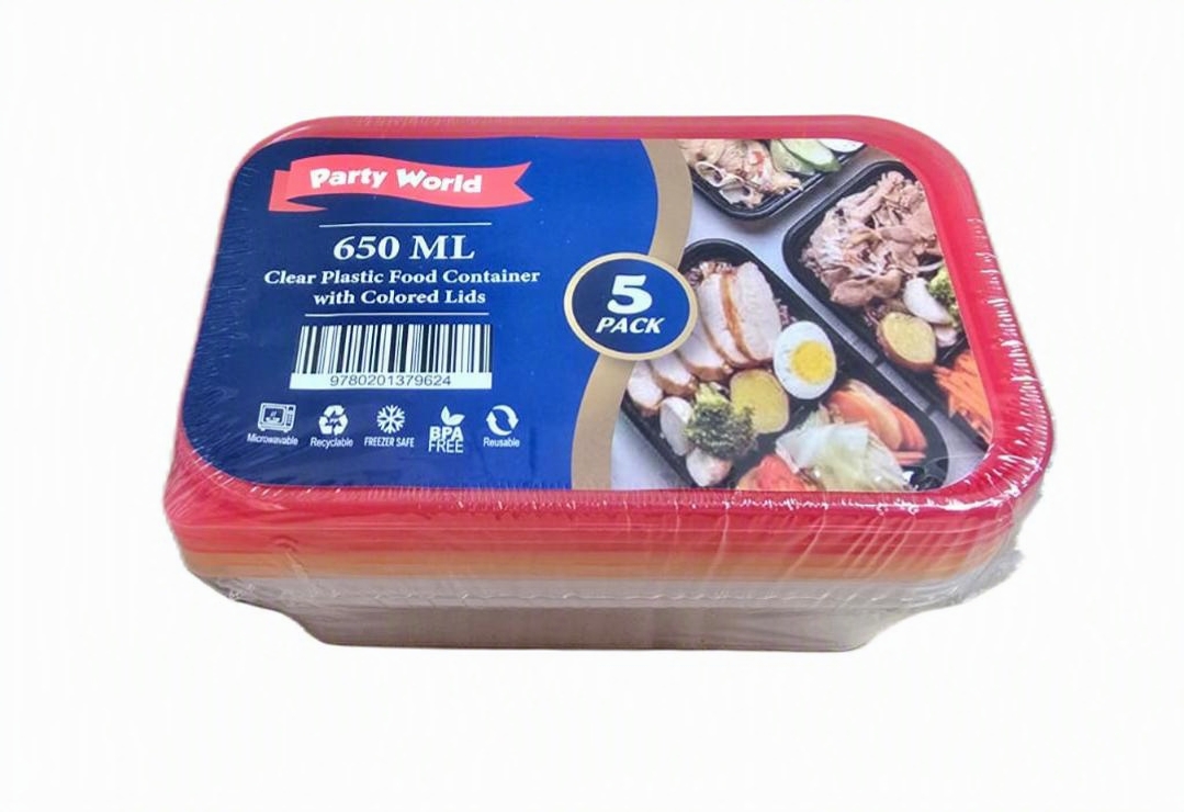 Z PLASTIC CONTAINERS 650ML TRASPARENT WHITE RED & YELLOW LIDS (5X36) PWC002
