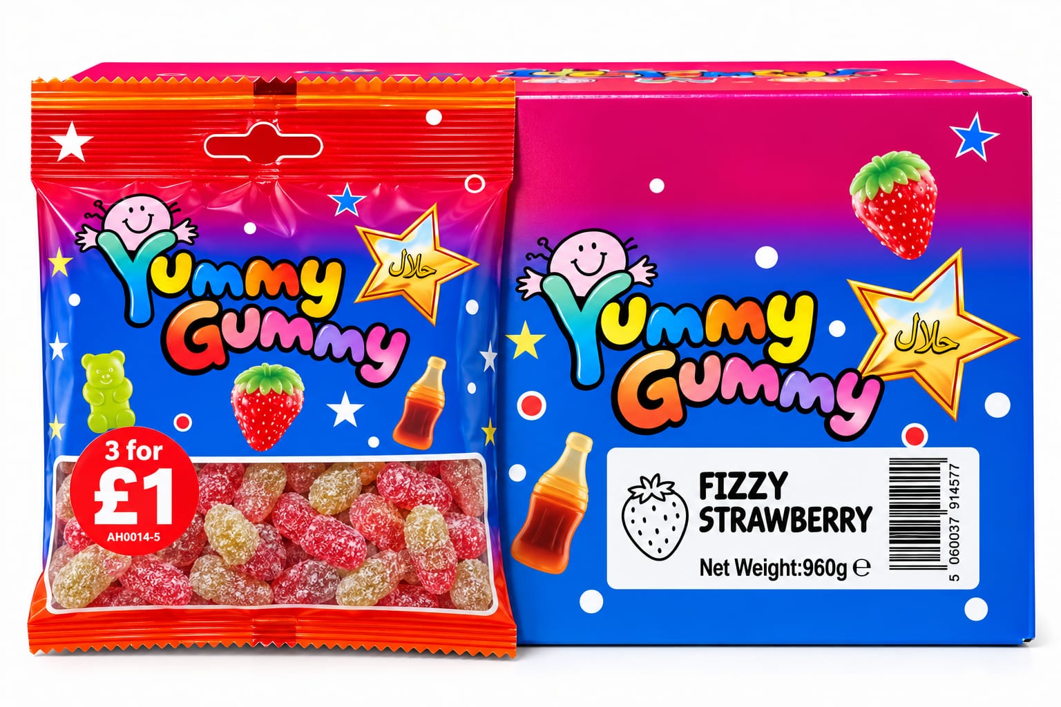 YUMMY GUMMY BAG 3 FOR £1 FIZZY STRAWBERRY (40GX24) NET 960G NEW