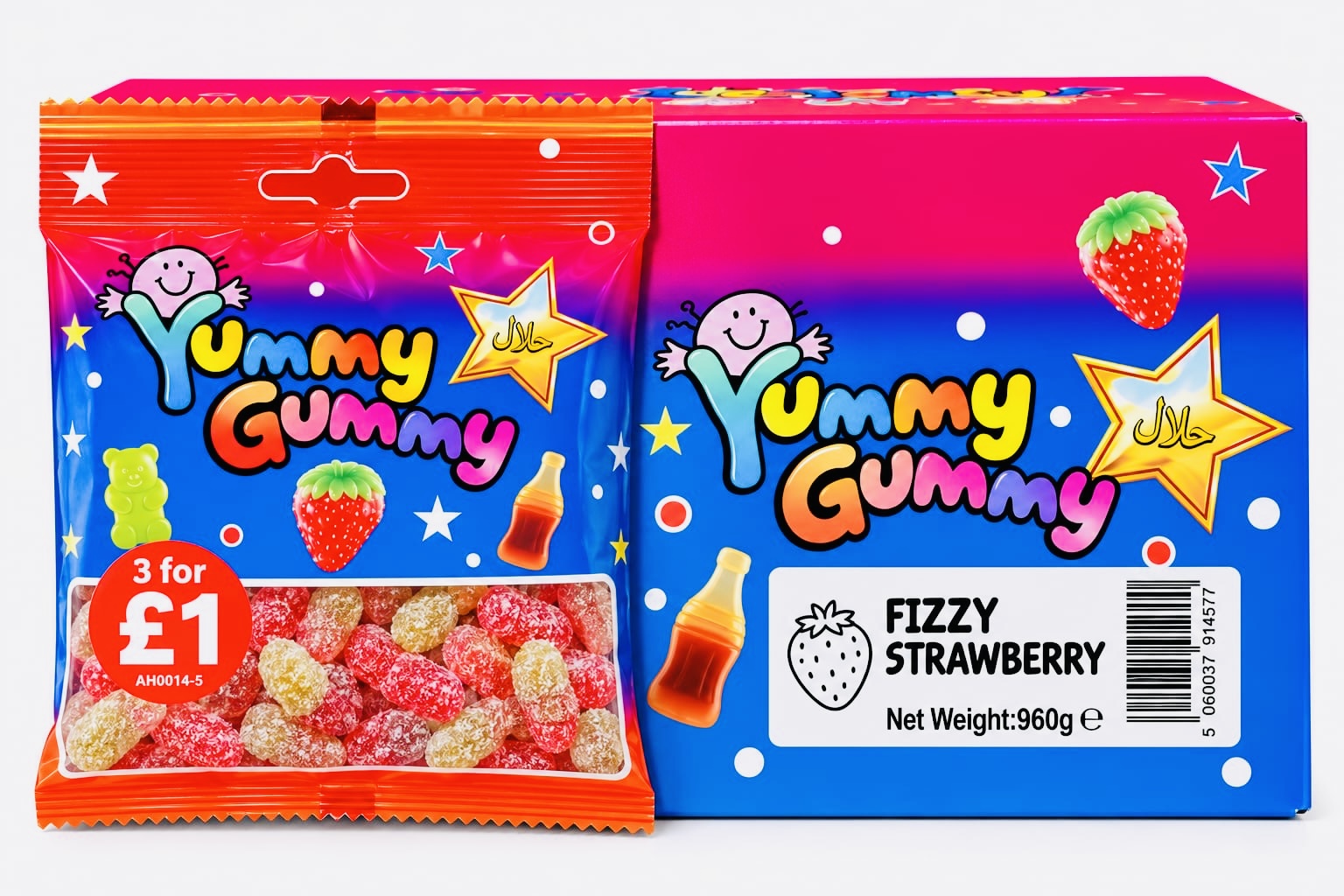 YUMMY GUMMY BAG 3 FOR £1 FIZZY STRAWBERRY (40GX24) NET 960G NEW