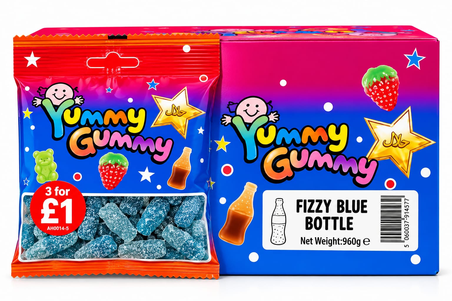 YUMMY GUMMY BAG 3 FOR £1 FIZZY BLUE BOTTLE (90GX24) NET 960G NEW