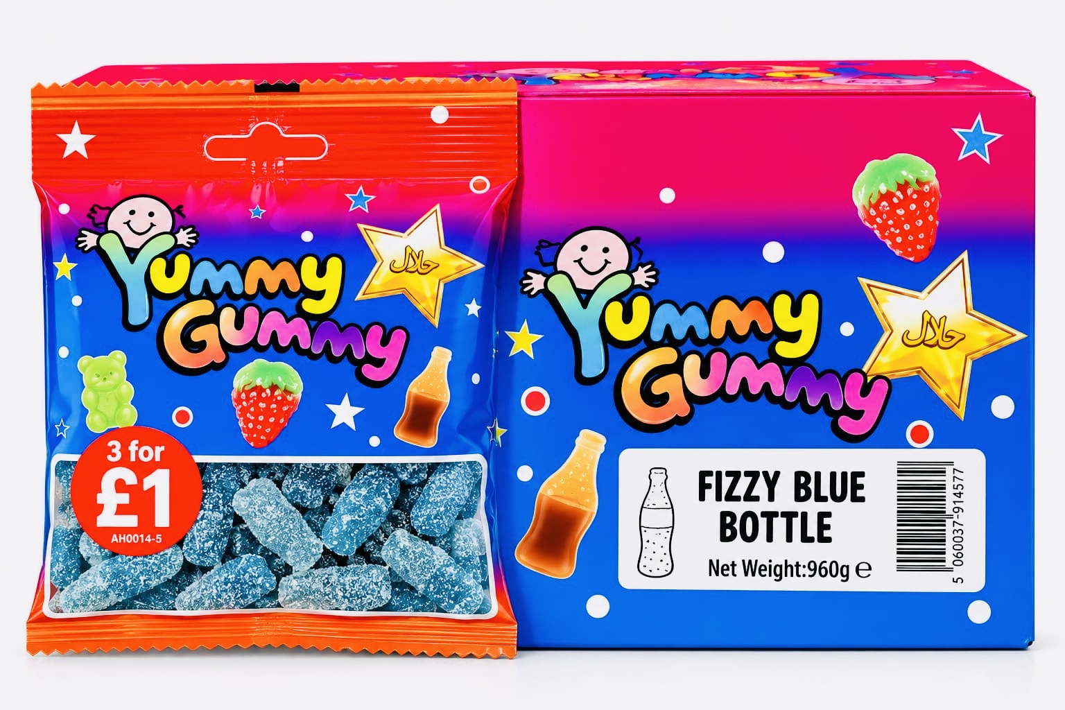 YUMMY GUMMY BAG 3 FOR £1 FIZZY BLUE BOTTLE (90GX24) NET 960G NEW