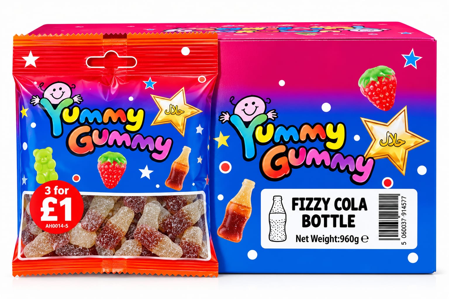 YUMMY GUMMY BAG 3 FOR £1 FIZZY COLA BOTTLE (90GX24) NET 960G NEW