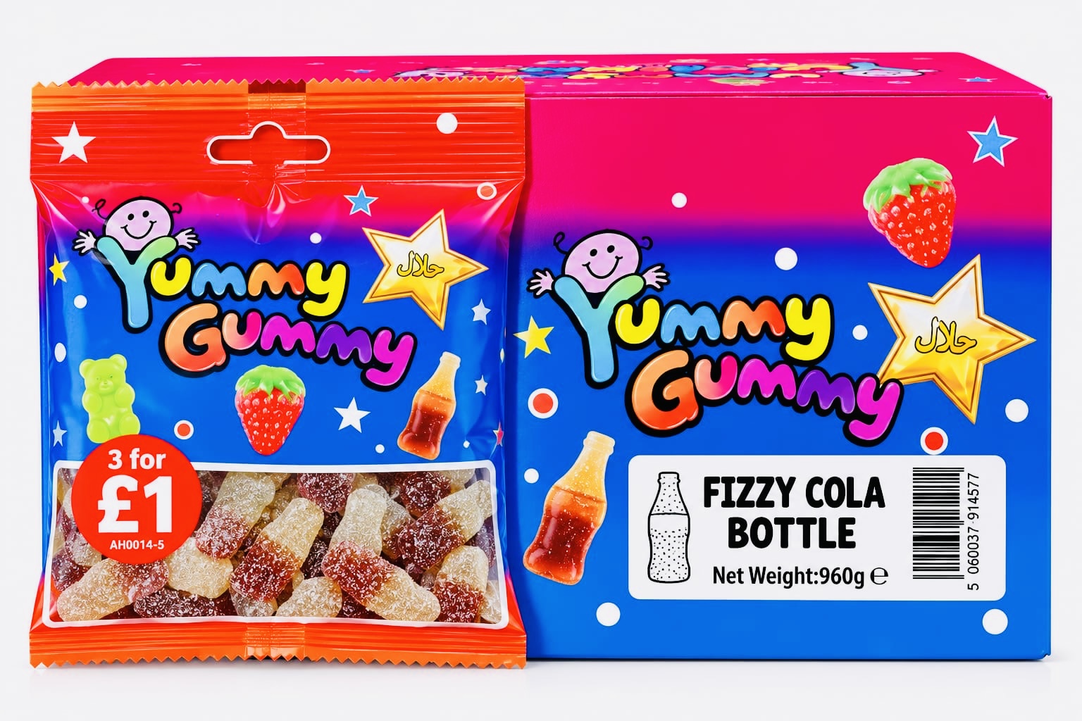 YUMMY GUMMY BAG 3 FOR £1 FIZZY COLA BOTTLE (90GX24) NET 960G NEW