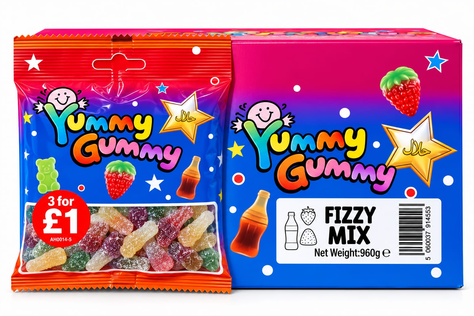 YUMMY GUMMY BAG 3 FOR £1 FIZZY MIX (90GX24) NET 960G NEW