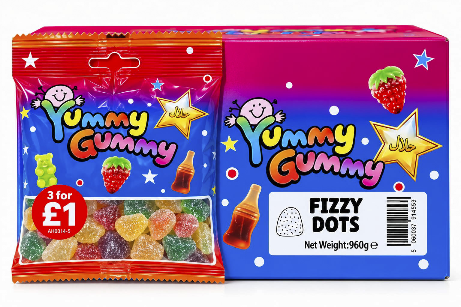 YUMMY GUMMY BAG 3 FOR £1 FIZZY DOTS (90GX24) NET 960G NEW