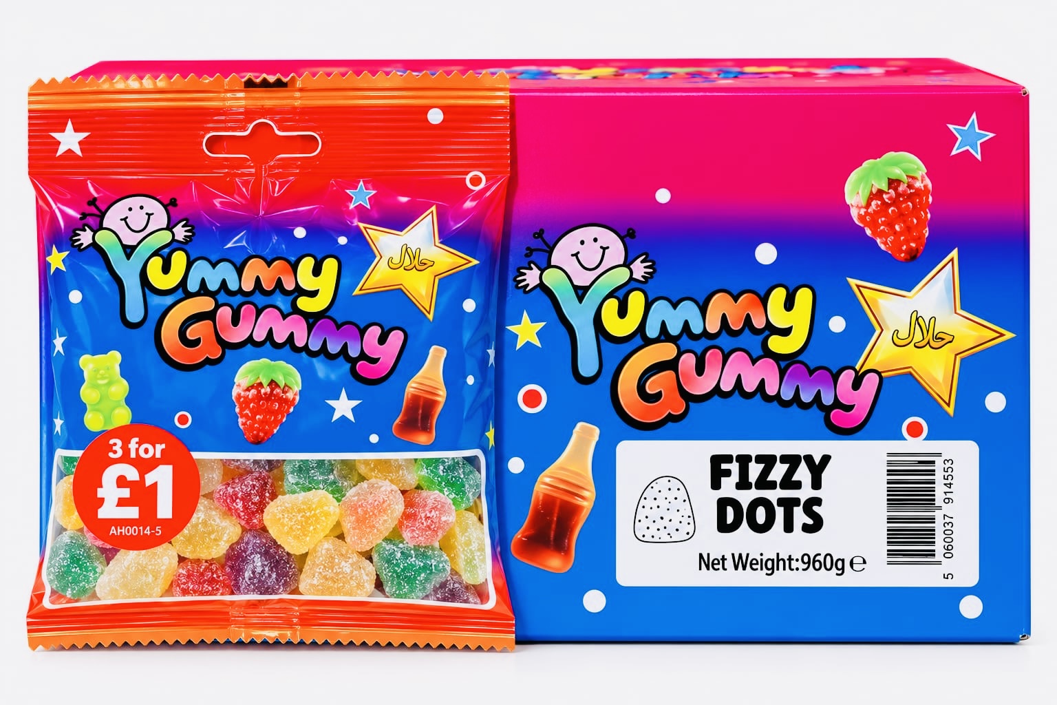 YUMMY GUMMY BAG 3 FOR £1 FIZZY DOTS (90GX24) NET 960G NEW