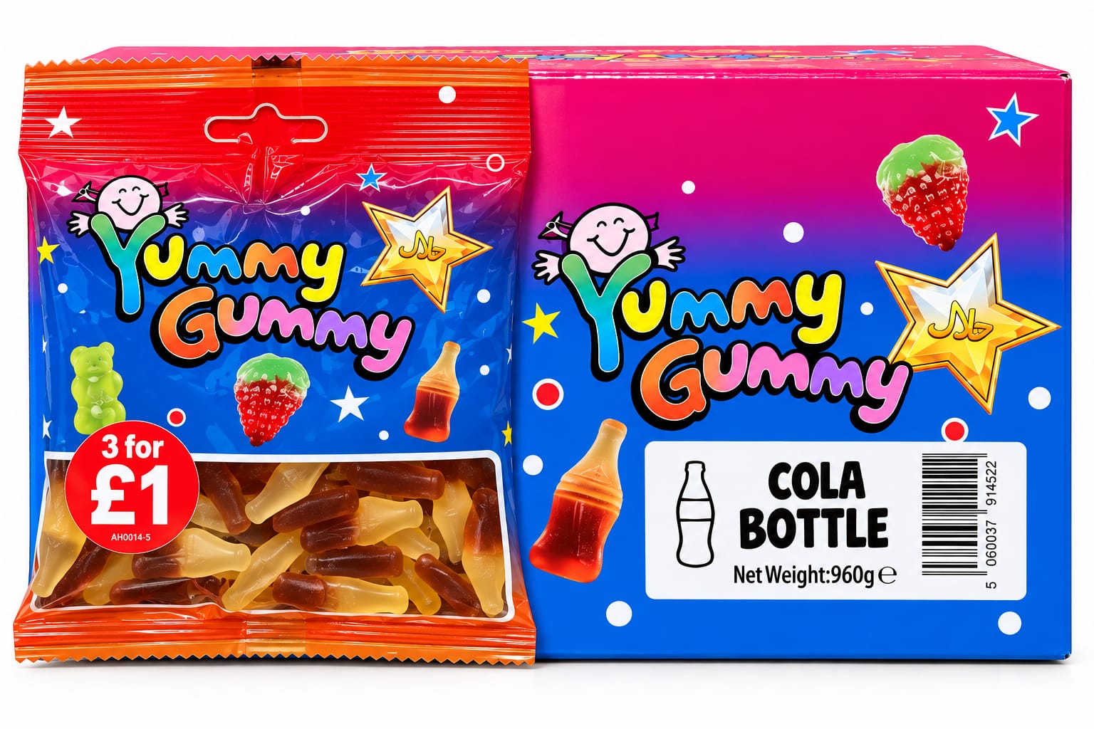 YUMMY GUMMY BAG 3 FOR £1 COLA BOTTLE (90GX24) NET 960G NEW