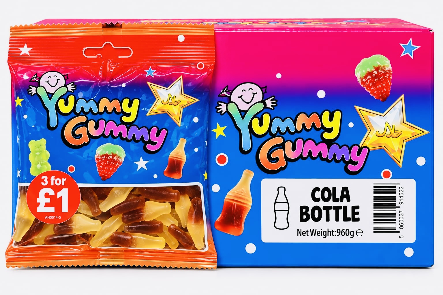 YUMMY GUMMY BAG 3 FOR £1 COLA BOTTLE (90GX24) NET 960G NEW
