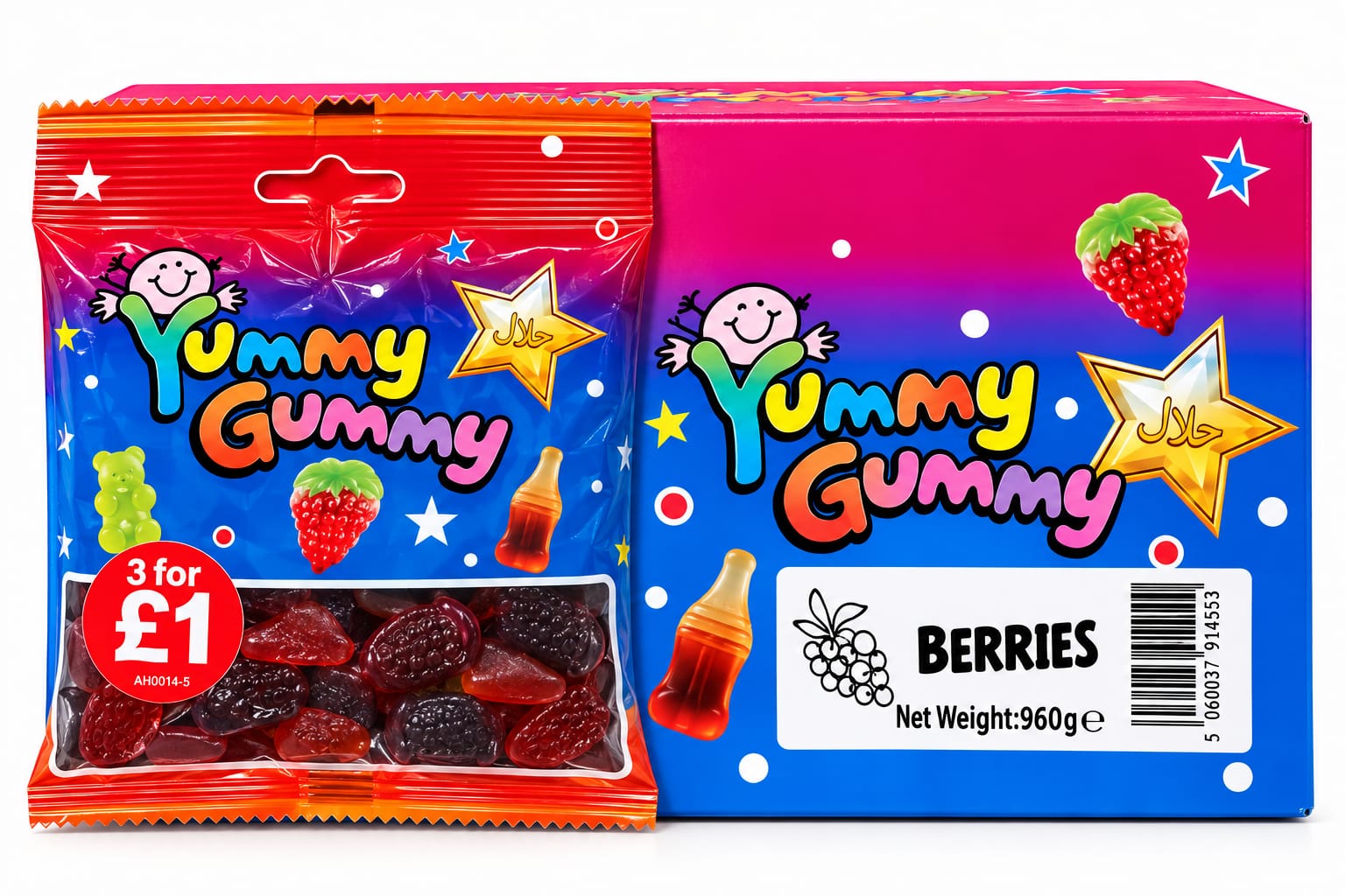 YUMMY GUMMY BAG 3 FOR £1 BERRIES (90GX24) NET 960G NEW
