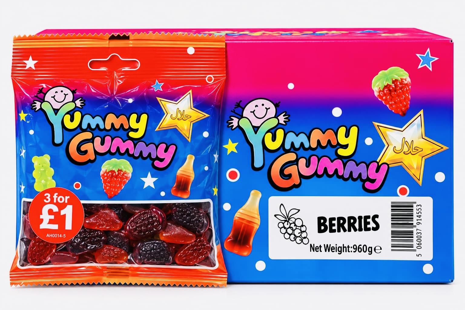 YUMMY GUMMY BAG 3 FOR £1 BERRIES (90GX24) NET 960G NEW