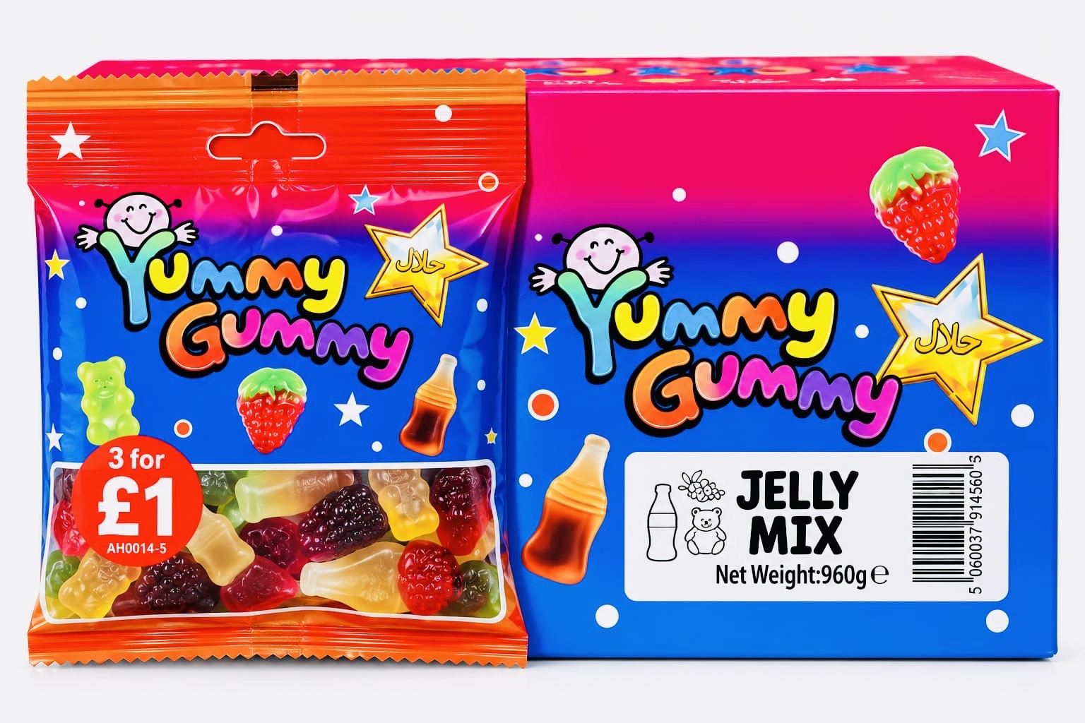 YUMMY GUMMY BAG 3 FOR £1 JELLY MIX (90GX24) NET 960G NEW