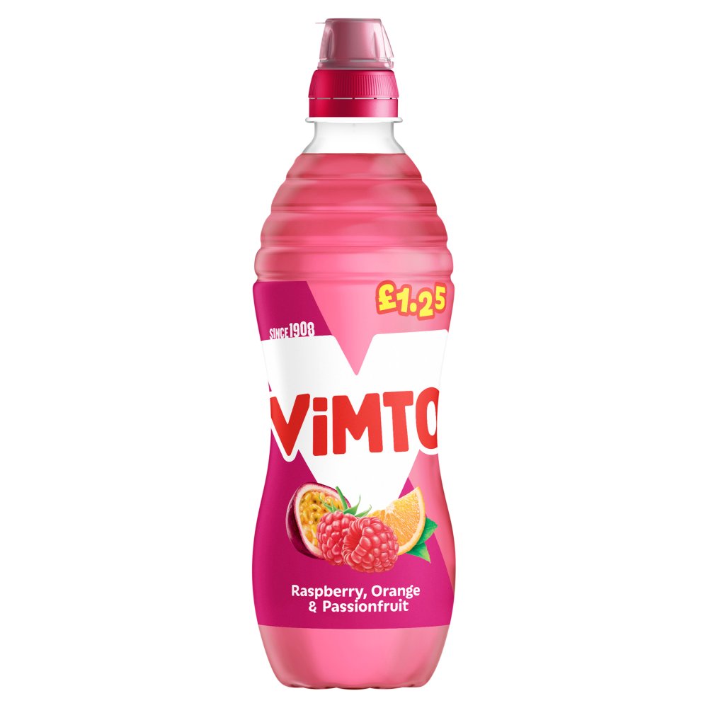 VIMTO STILL RASPBERRY, ORANGE & PASSION FRUIT (500ml x12) £1.25 PINK